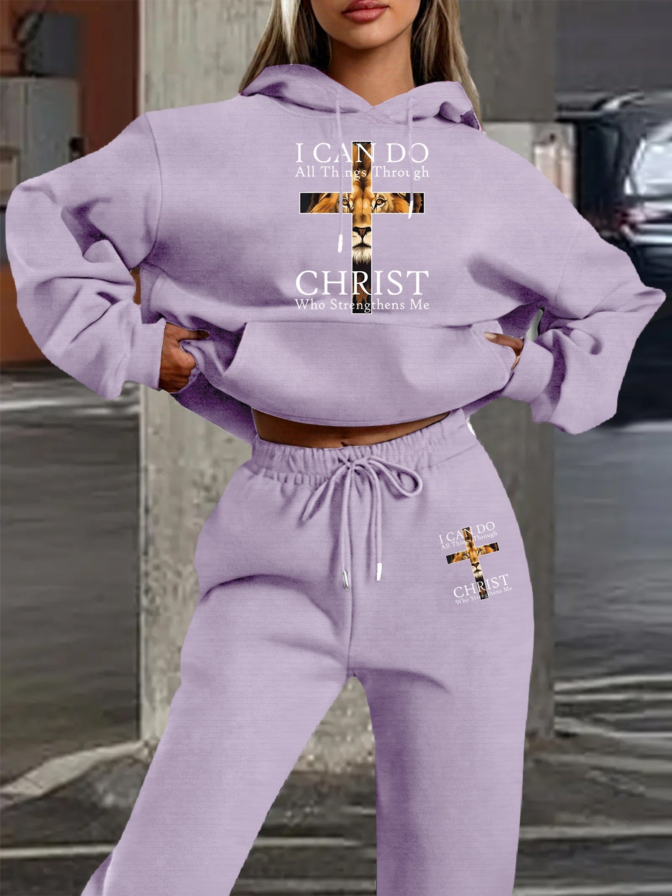 2025 Autumn Winter New Arrival, Christian Religious Letter Print Hoodie, Casual Loose Fit Warm Long Sleeve Pullover with Drawstring Waist and Pants Two-Piece Set, Women' Ribbed Two Piece Sweater Set, Airport Outfit For Women
