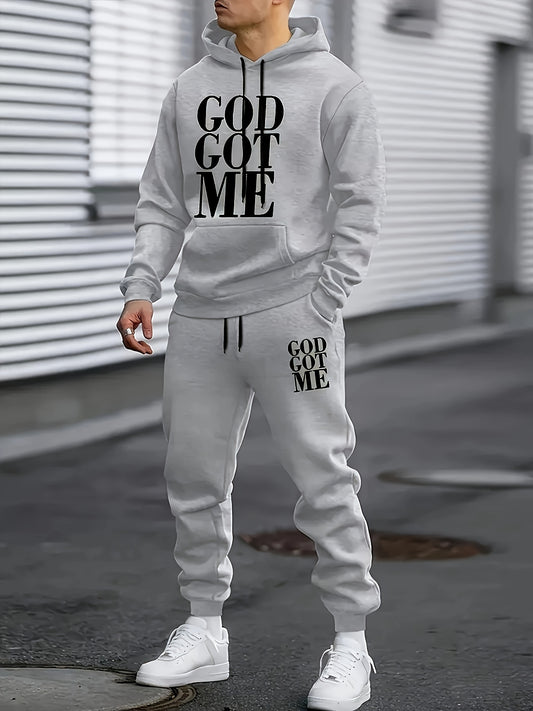 Men's Casual Polyester Hoodie and Sweatpants with God Got Me Print
