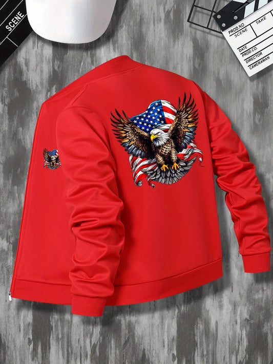 Casual Stand Collar Zippered Eagle Flag Emblem Print Jacket