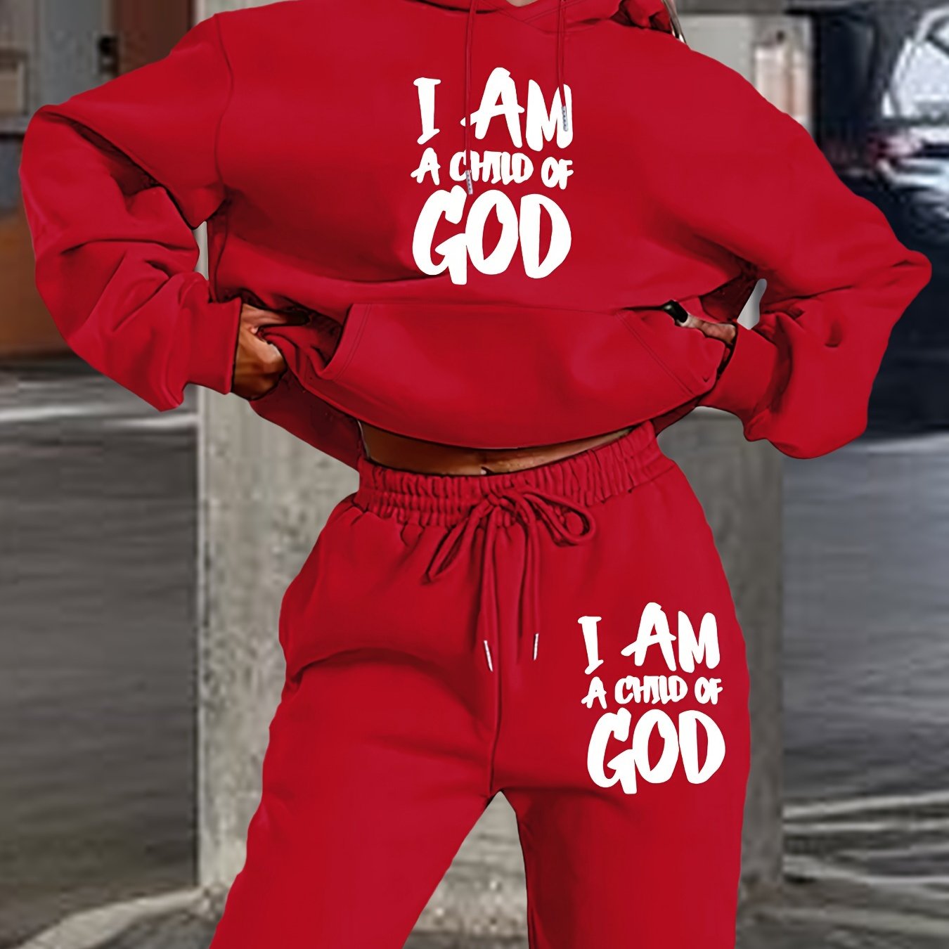 [New "I Am a of God" Hoodie Set] 2024 New Women's Casual "I Am a of God" Print Hoodie & Sweatpants Set, Beige, Long Sleeve Hooded Pullover with Pockets, Comfortable Polyester Blend for Fall/Winter