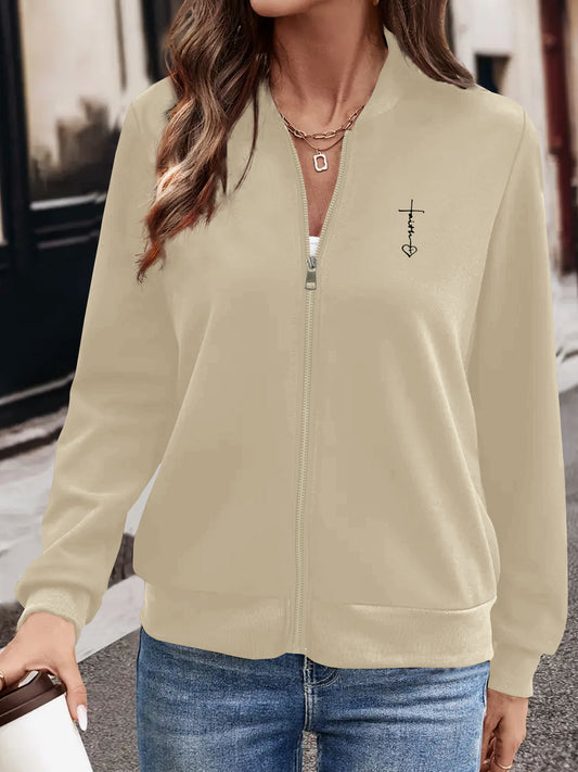 IHDP Faith Heart Print Casual Jacket Stand Collar ZipUp