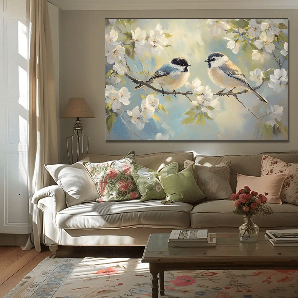 Birds and Flowers Large Wooden Frame Wall Art Print