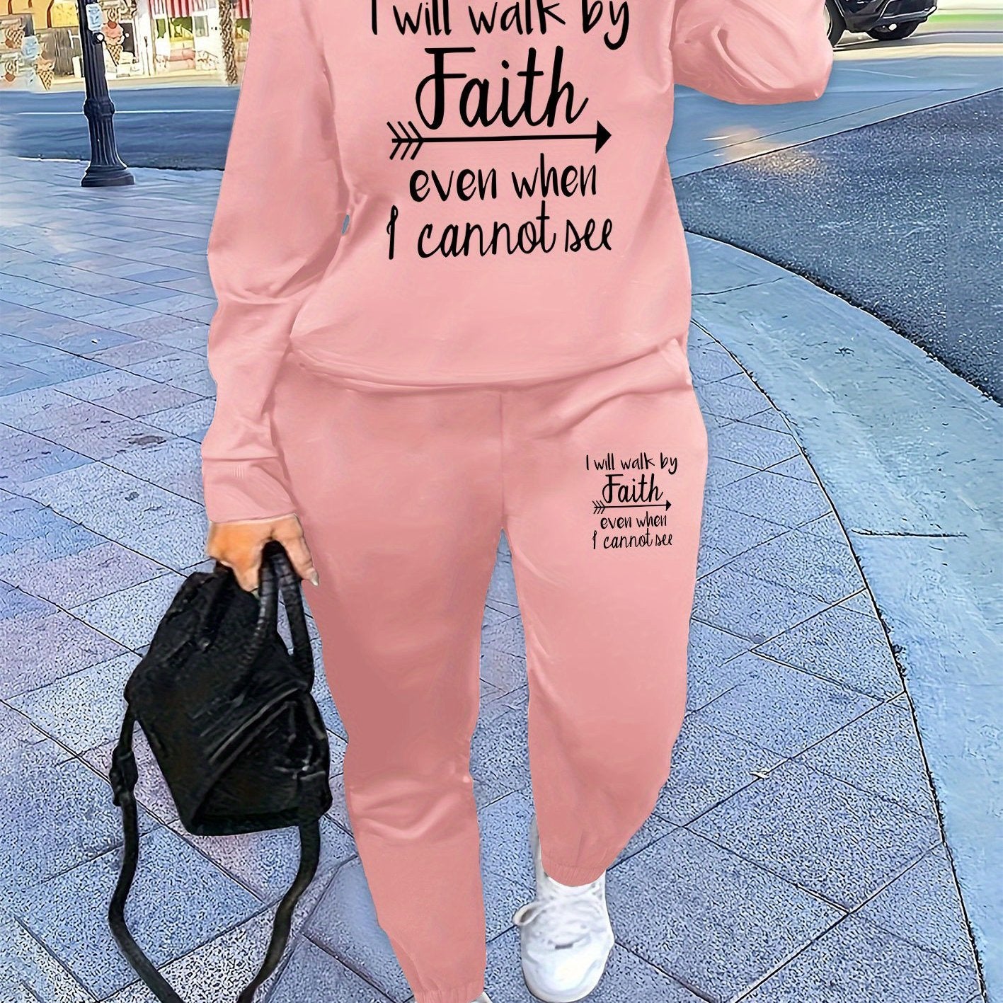 [Faith Sweatshirt] Comfortable Polyester Women's Casual Beige Sweatshirt with "I Will Walk by Faith" Print | Graphic Sweatshirt - Long Sleeve, Round Neck, Streetwear for All Seasons
