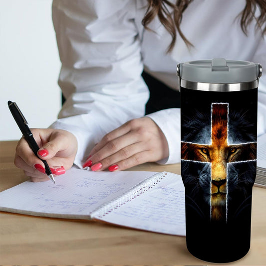 30oz Jesus Lion Cross Tumbler, Insulated Travel Mug with Spill-Proof Lid