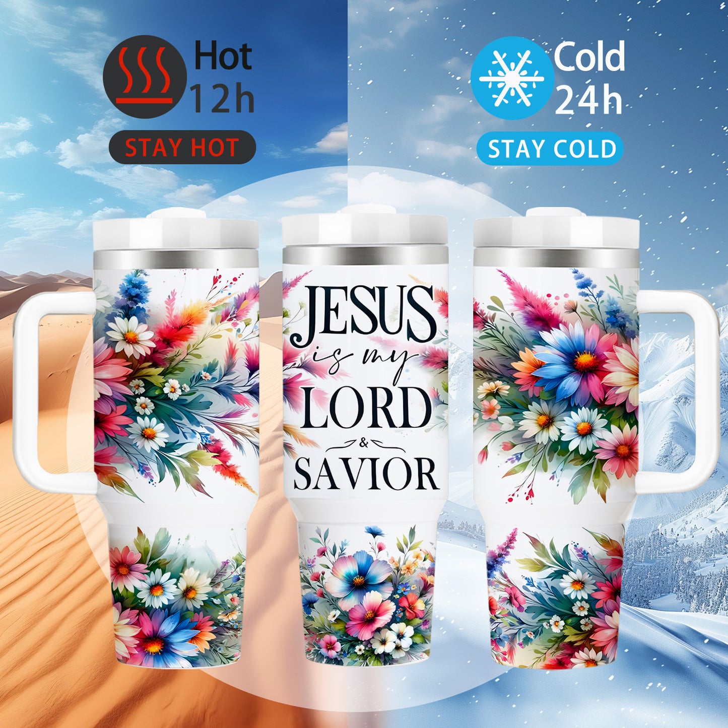 40oz Double Insulated, Tumbler with Lid and Straw, Christian, Floral, BPA-Free
