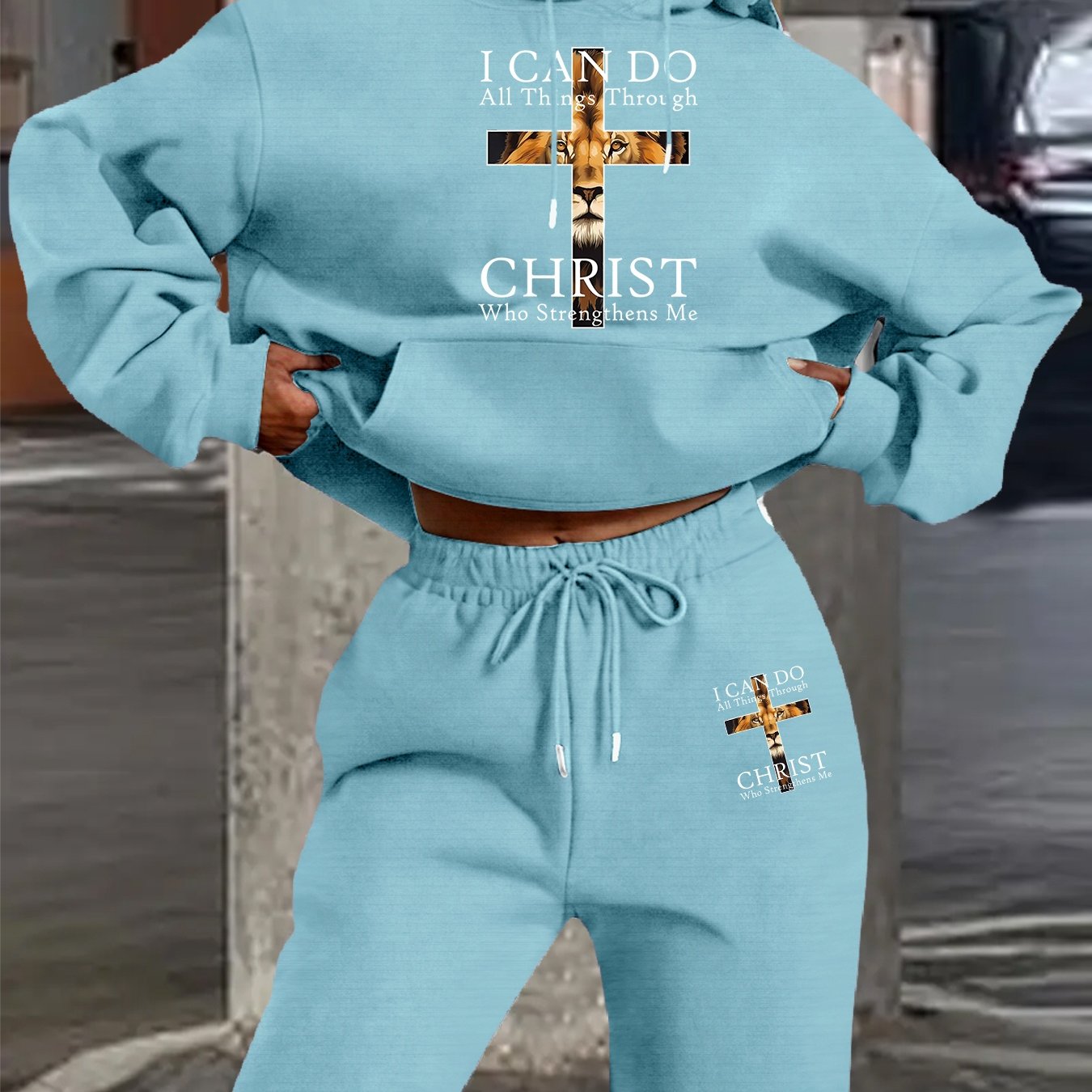 2025 Autumn Winter New Arrival, Christian Religious Letter Print Hoodie, Casual Loose Fit Warm Long Sleeve Pullover with Drawstring Waist and Pants Two-Piece Set, Women' Ribbed Two Piece Sweater Set, Airport Outfit For Women