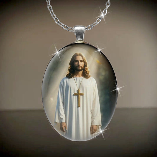 Vintage Glass Oval Pendant Necklace Jesus Cross Pattern