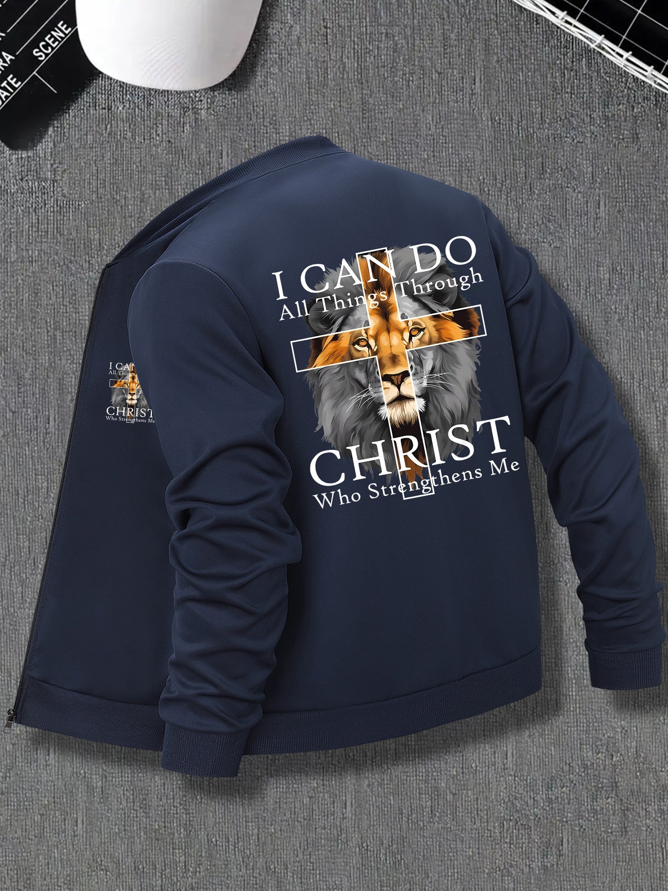 In His Divine Power Mens Lion Print Zip Up Jacket Pockets