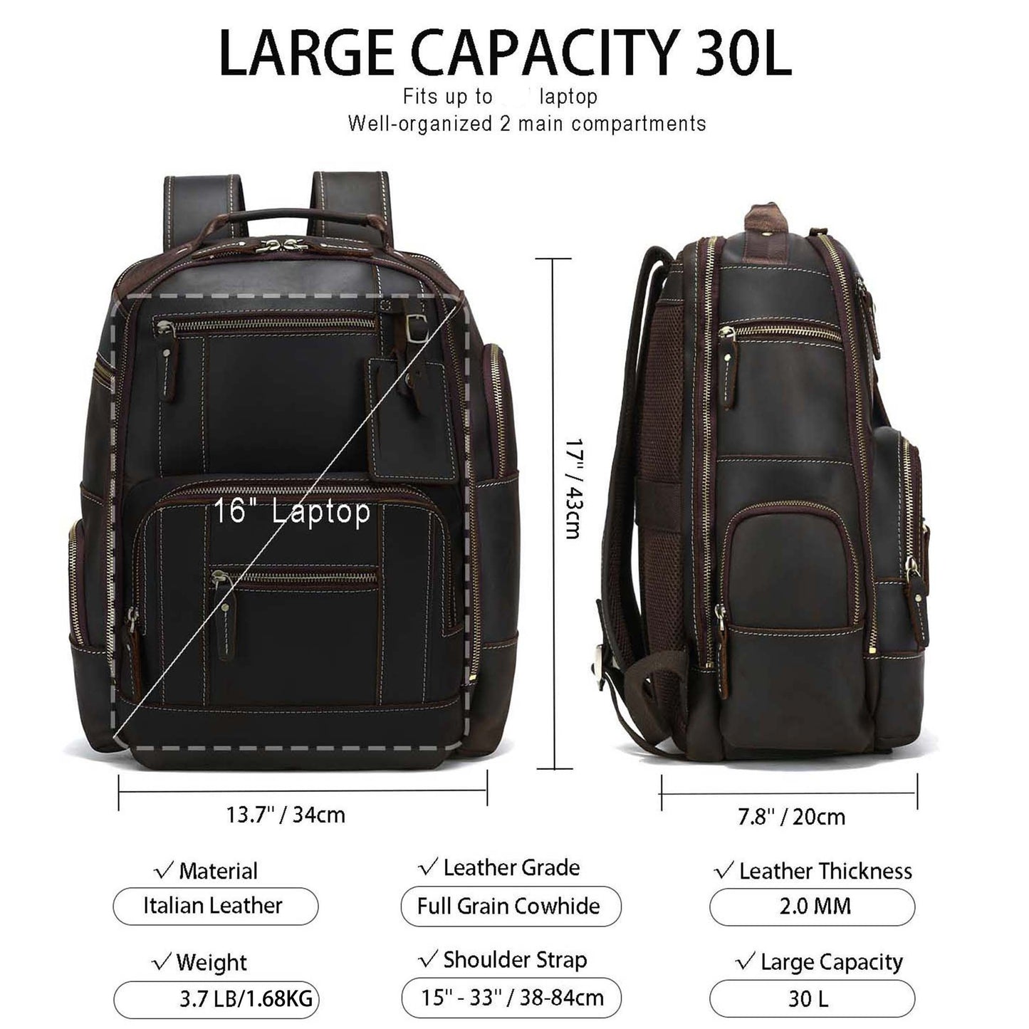 Genuine Leather Laptop Backpack Large Capacity Rucksack