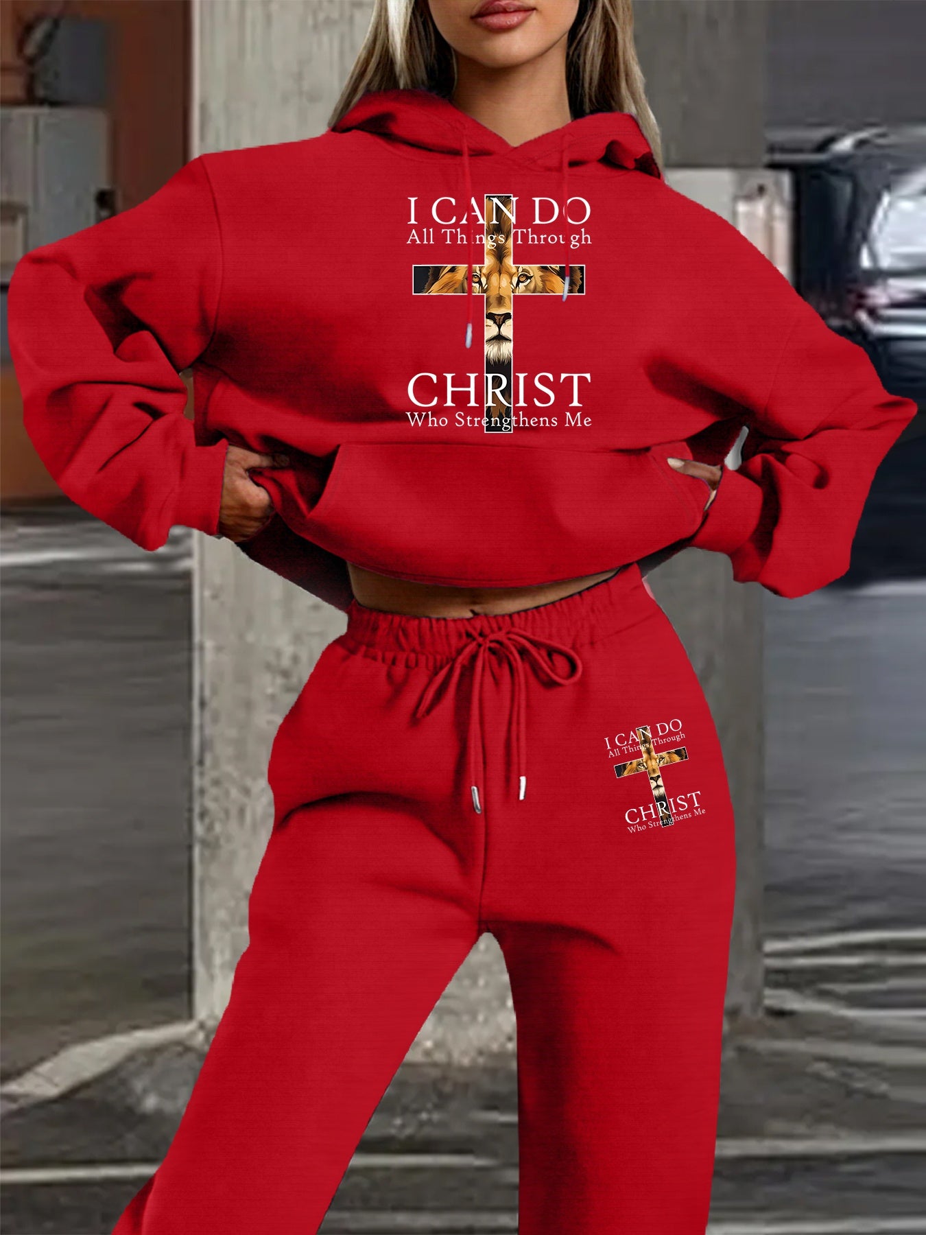 2025 Autumn Winter New Arrival, Christian Religious Letter Print Hoodie, Casual Loose Fit Warm Long Sleeve Pullover with Drawstring Waist and Pants Two-Piece Set, Women' Ribbed Two Piece Sweater Set, Airport Outfit For Women