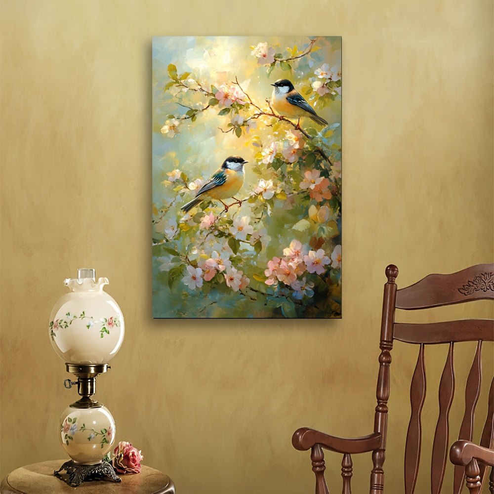 Serene Birds On Flower Branches In Wood Frame Canvas