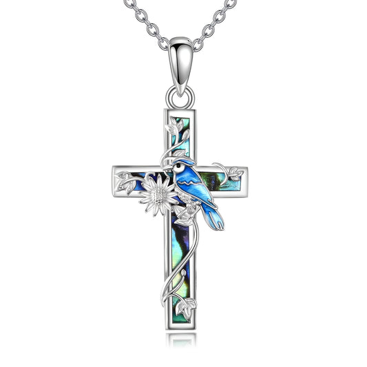 Sunflower and Blue Jay Cross Necklace Silver Abalone Pendant