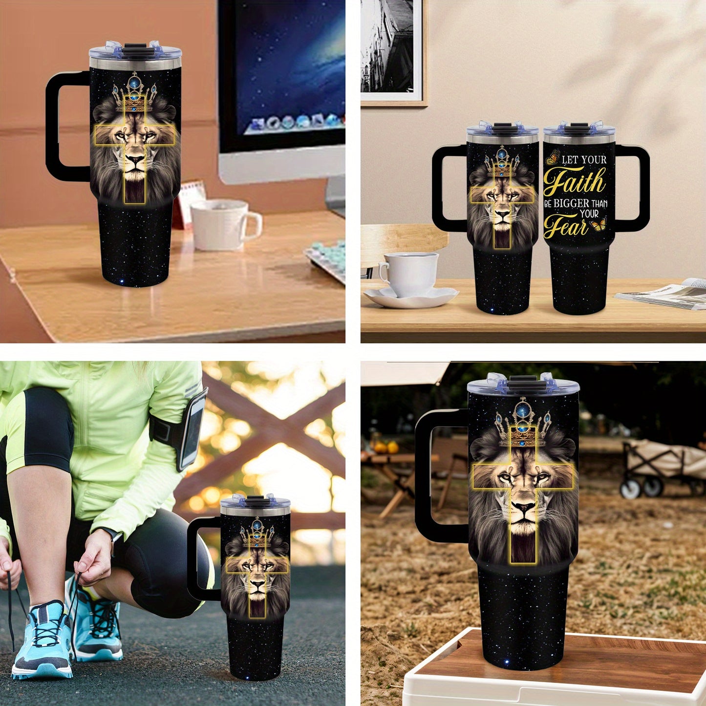 Stainless Steel Christian Tumbler Lion Of Faith With Straw