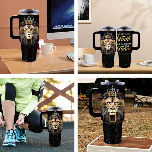 Stainless Steel Christian Tumbler Lion Of Faith With Straw