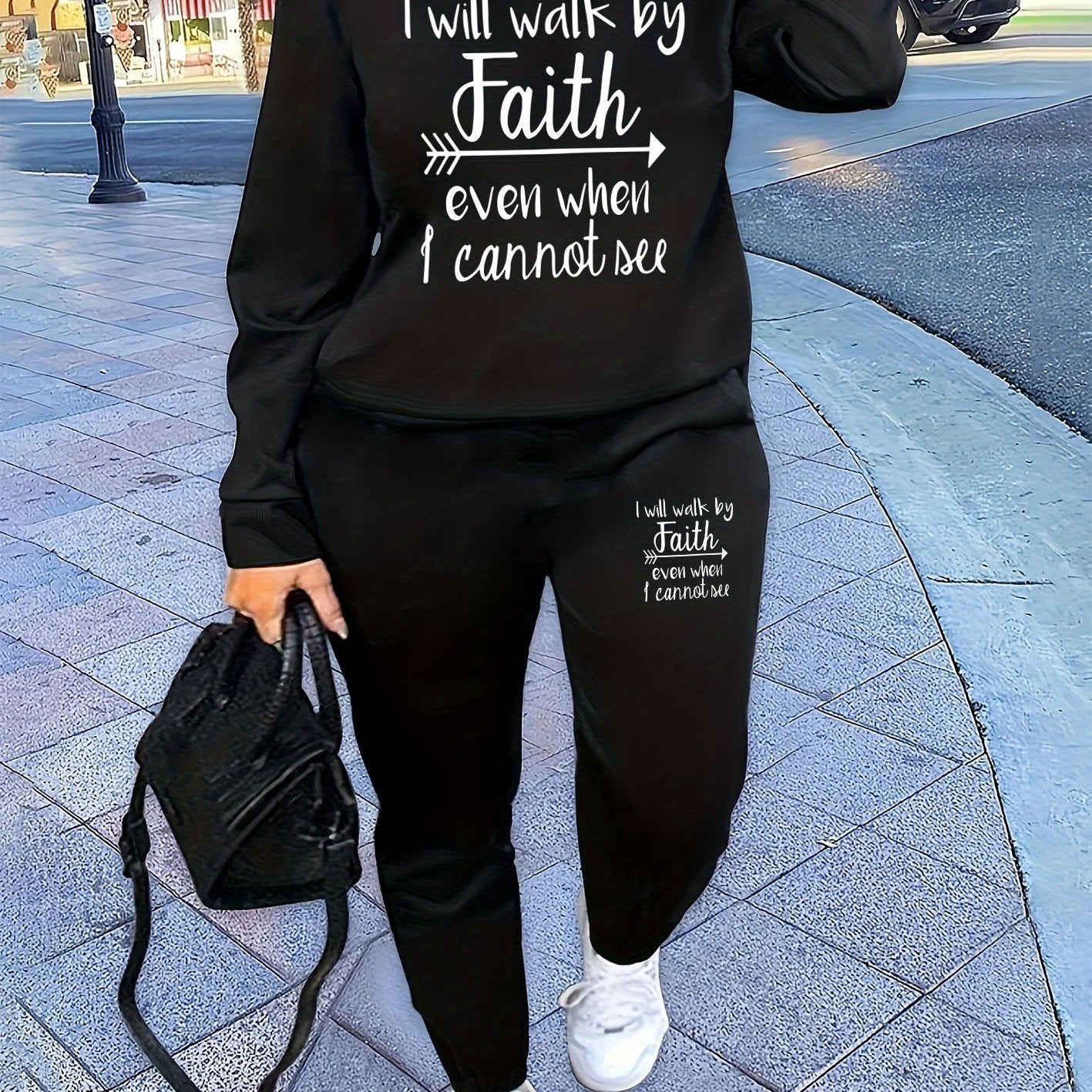 [Faith Sweatshirt] Comfortable Polyester Women's Casual Beige Sweatshirt with "I Will Walk by Faith" Print | Graphic Sweatshirt - Long Sleeve, Round Neck, Streetwear for All Seasons