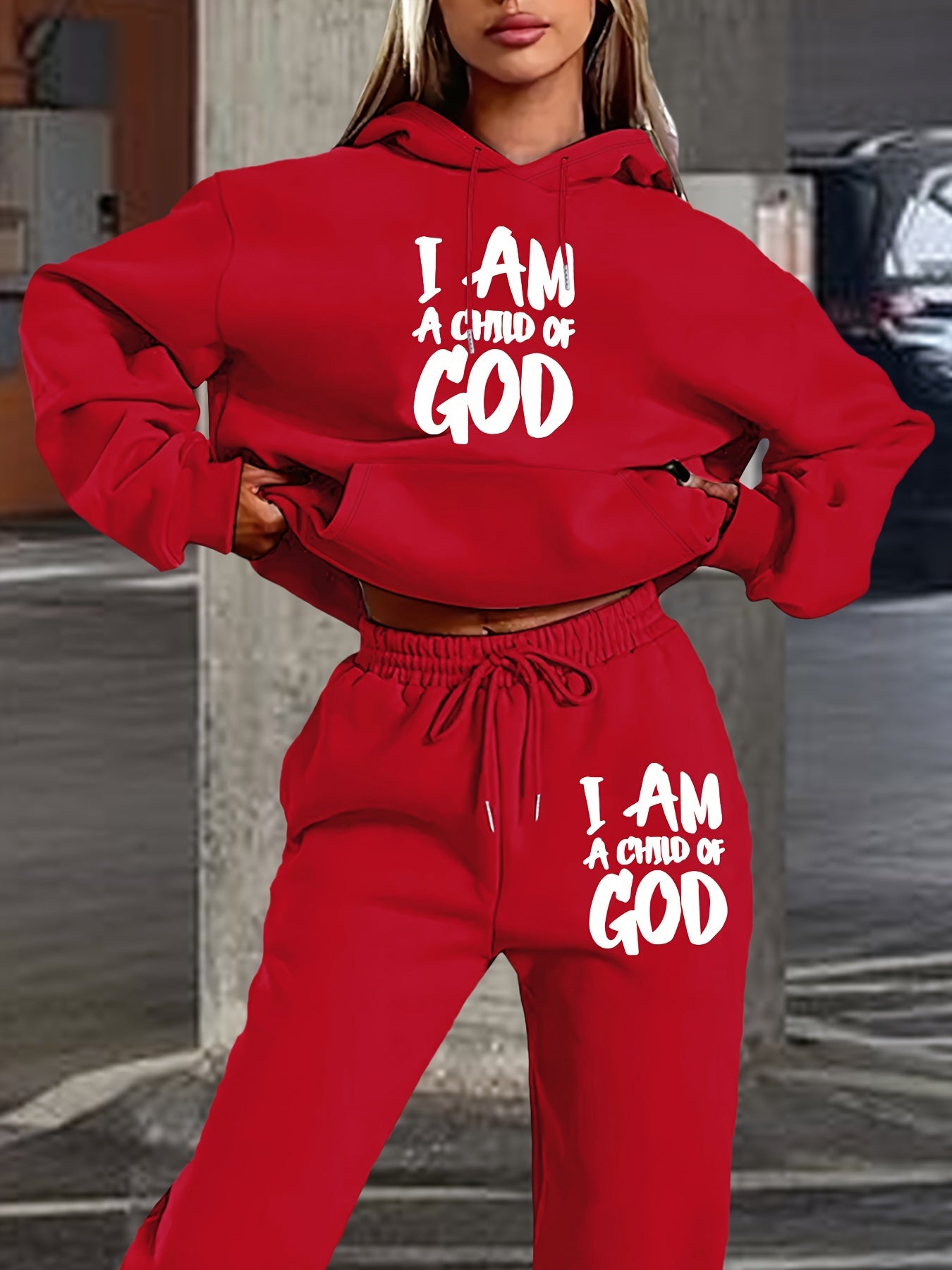 [New "I Am a of God" Hoodie Set] 2024 New Women's Casual "I Am a of God" Print Hoodie & Sweatpants Set, Beige, Long Sleeve Hooded Pullover with Pockets, Comfortable Polyester Blend for Fall/Winter