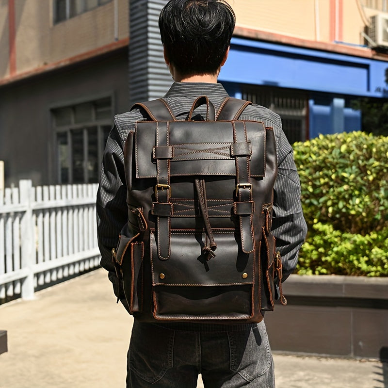 IHDP Retro Leather Backpack Genuine Cowhide Rucksack