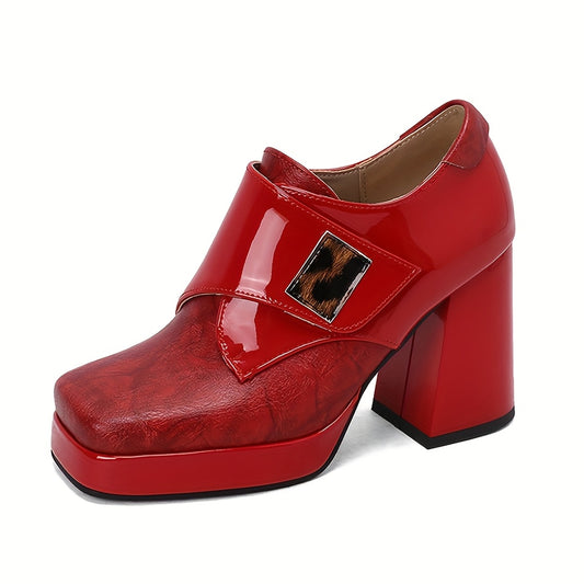 Women's Red PU Cover Mary Jane Dress Pumps High Heel Block Heel