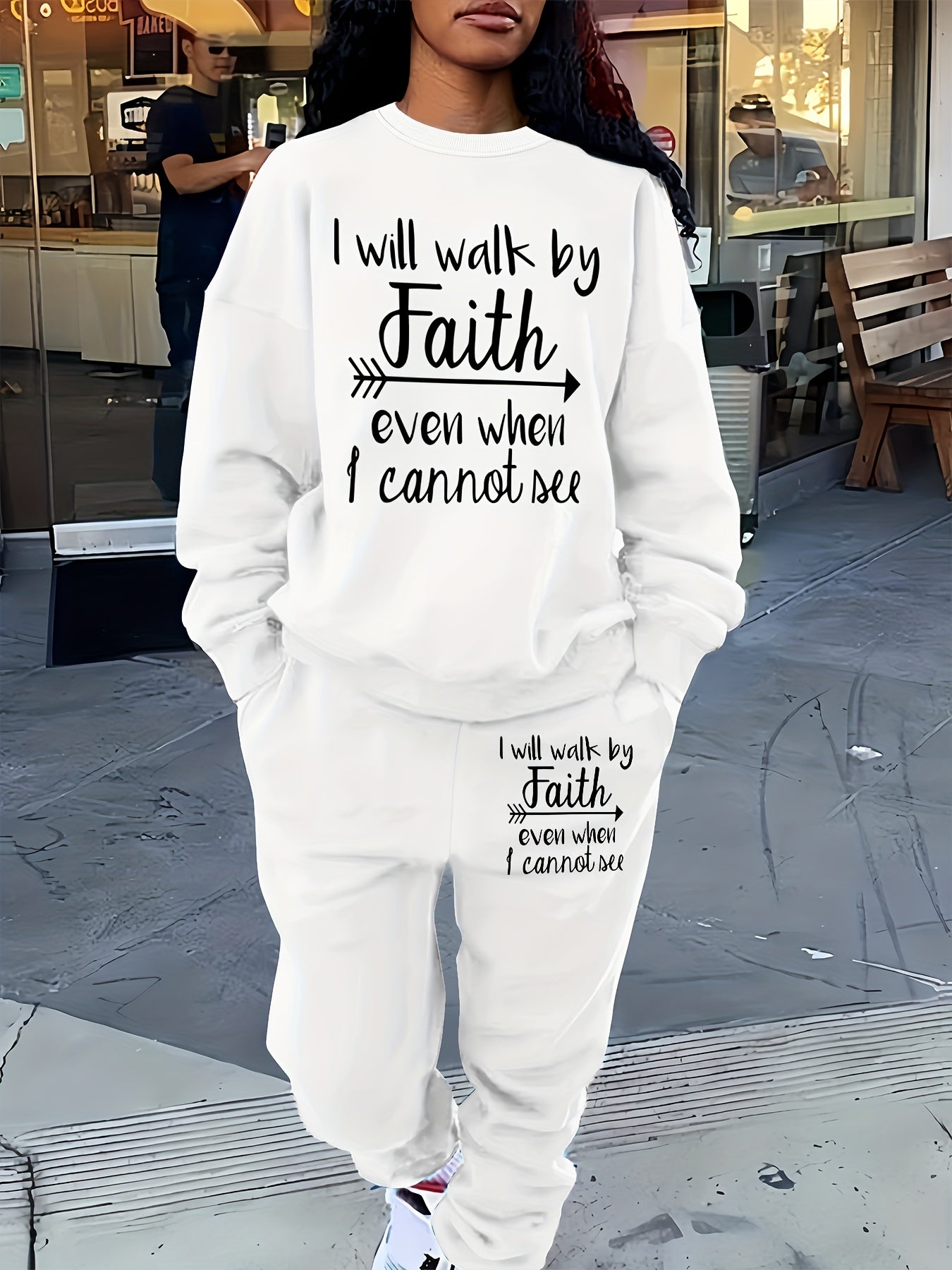 [Faith Sweatshirt] Comfortable Polyester Women's Casual Beige Sweatshirt with "I Will Walk by Faith" Print | Graphic Sweatshirt - Long Sleeve, Round Neck, Streetwear for All Seasons