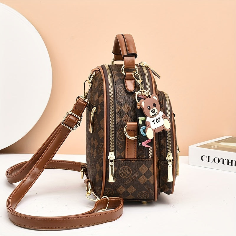 Versatile Crossbody Daypack With Plaid Leather Pattern
