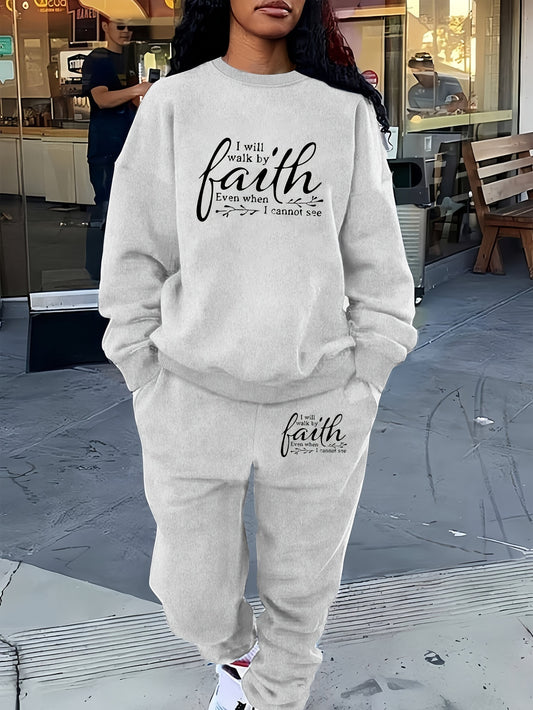 Womens Letter Print TwoPiece Set Crew Neck Sweatshirt Pants