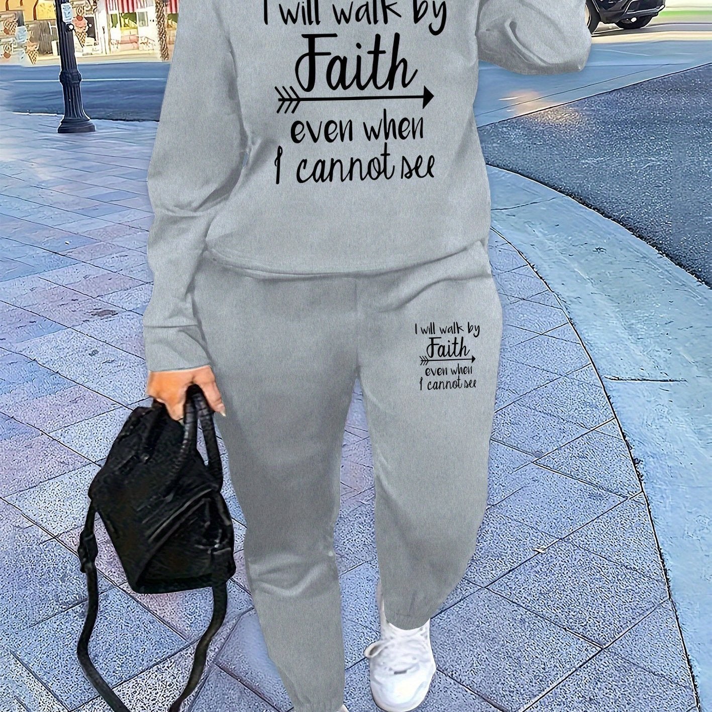 [Faith Sweatshirt] Comfortable Polyester Women's Casual Beige Sweatshirt with "I Will Walk by Faith" Print | Graphic Sweatshirt - Long Sleeve, Round Neck, Streetwear for All Seasons