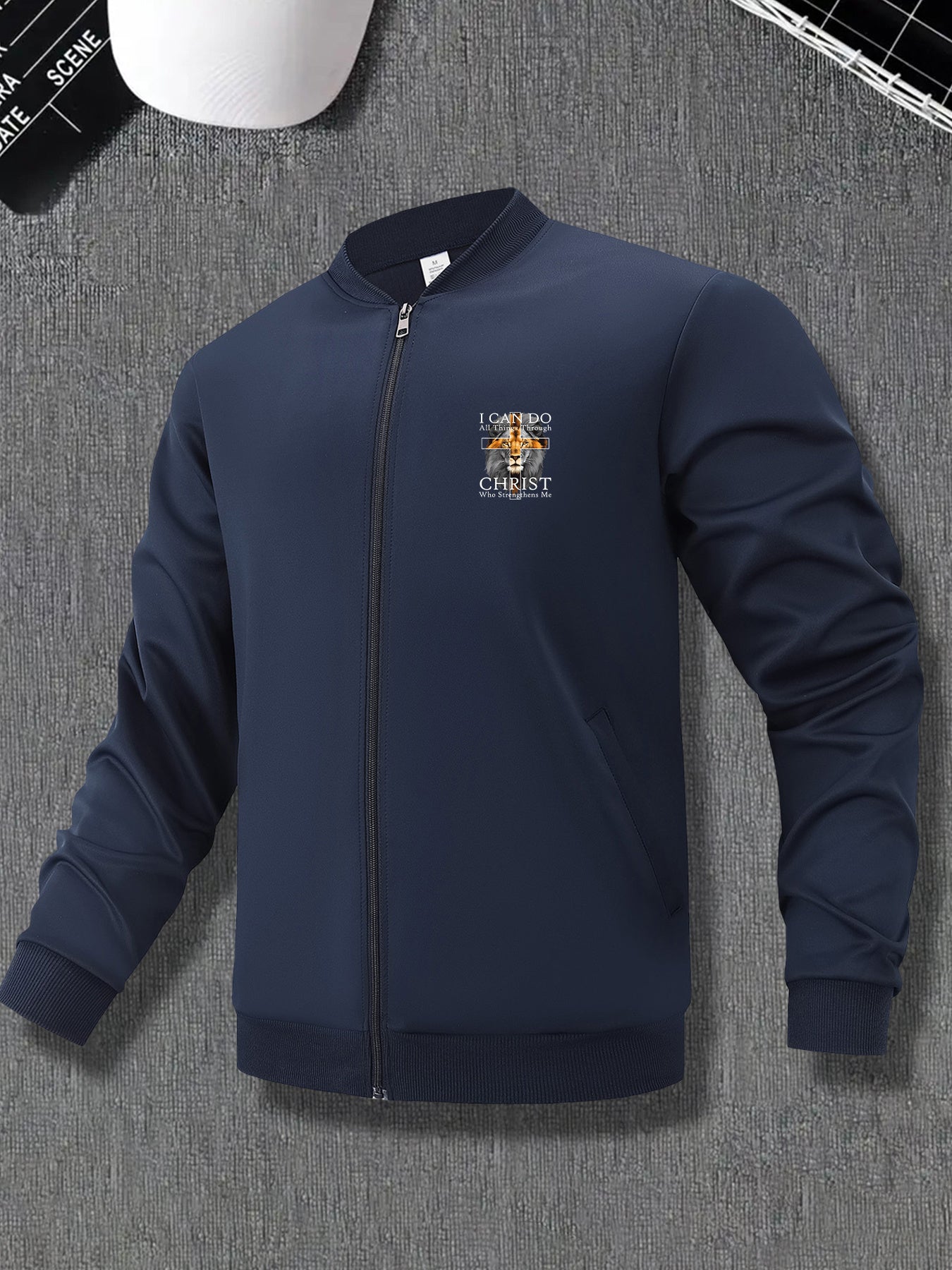 In His Divine Power Mens Lion Print Zip Up Jacket Pockets