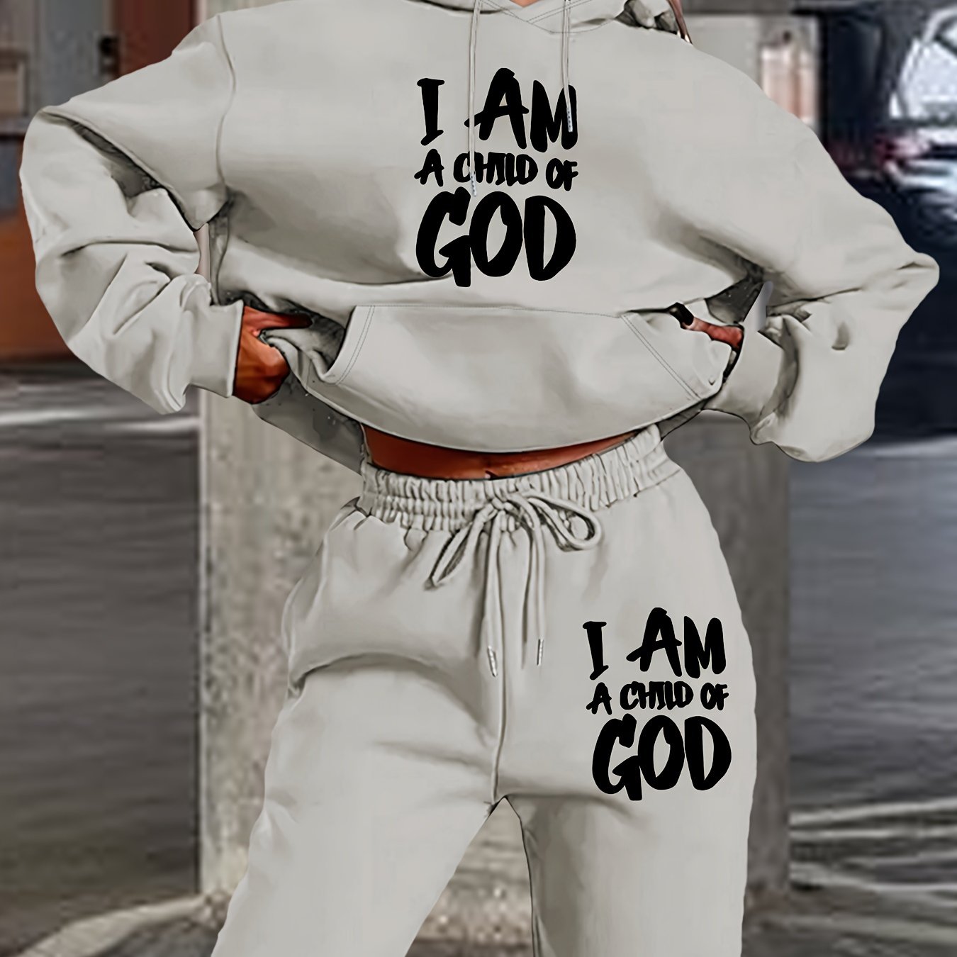 [New "I Am a of God" Hoodie Set] 2024 New Women's Casual "I Am a of God" Print Hoodie & Sweatpants Set, Beige, Long Sleeve Hooded Pullover with Pockets, Comfortable Polyester Blend for Fall/Winter
