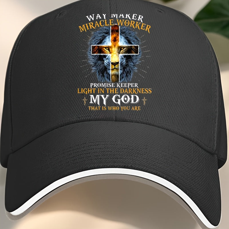 Inspirational Baseball Cap With Lion And Cross Design Way Maker Miracle Worker 100 Percent Polyester