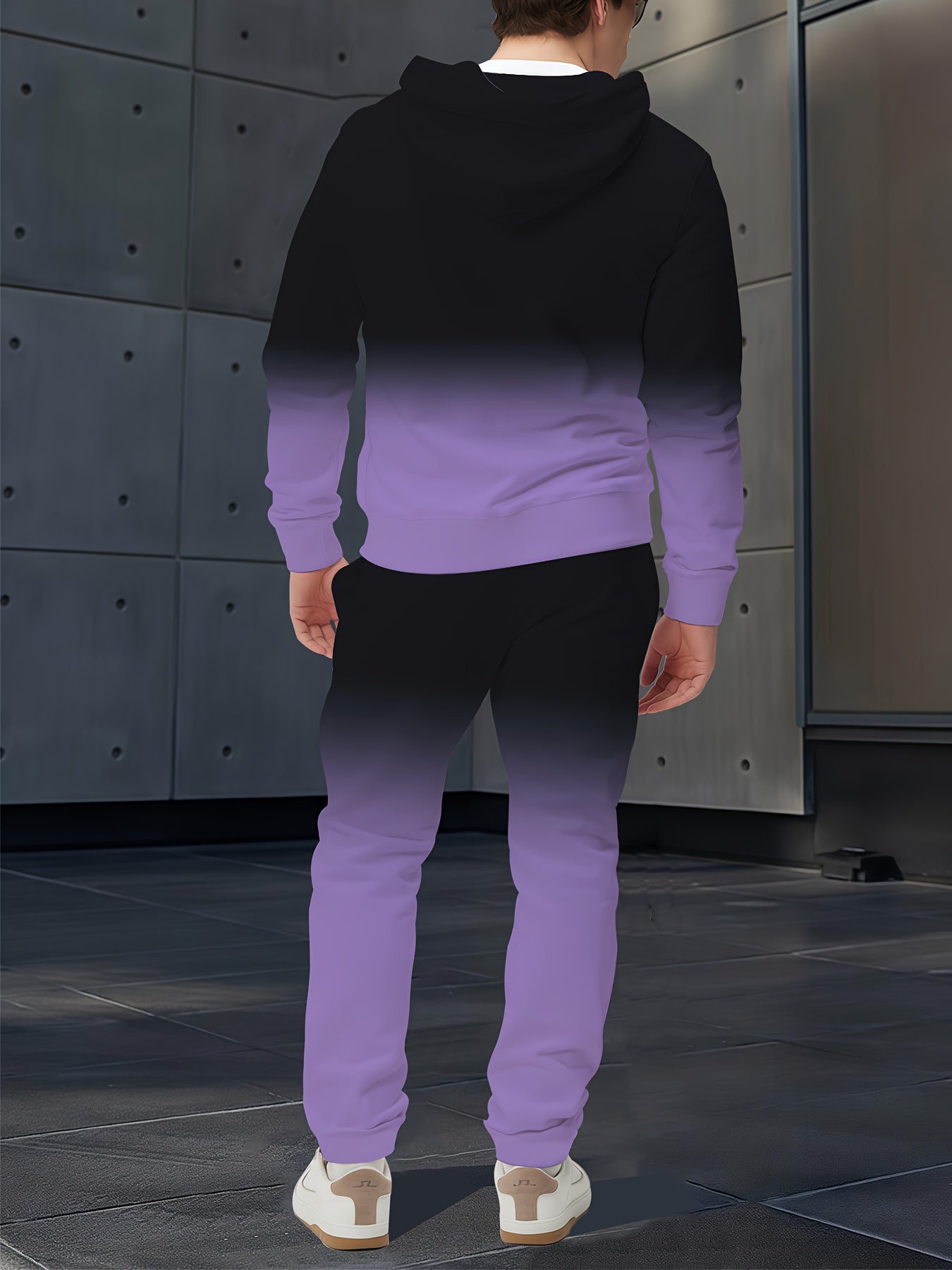 Gray Gradient Full-Body Print Hoodie & Sweatpants Set - Casual Long Sleeve Pullover