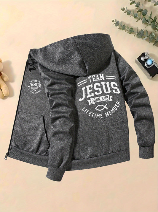 Mens Casual Hooded Polyester Jacket With Jesus Print
