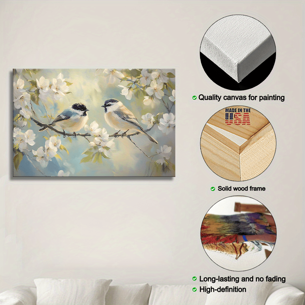 Birds and Flowers Large Wooden Frame Wall Art Print