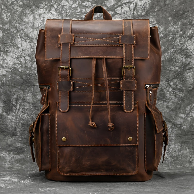 IHDP Retro Leather Backpack Genuine Cowhide Rucksack