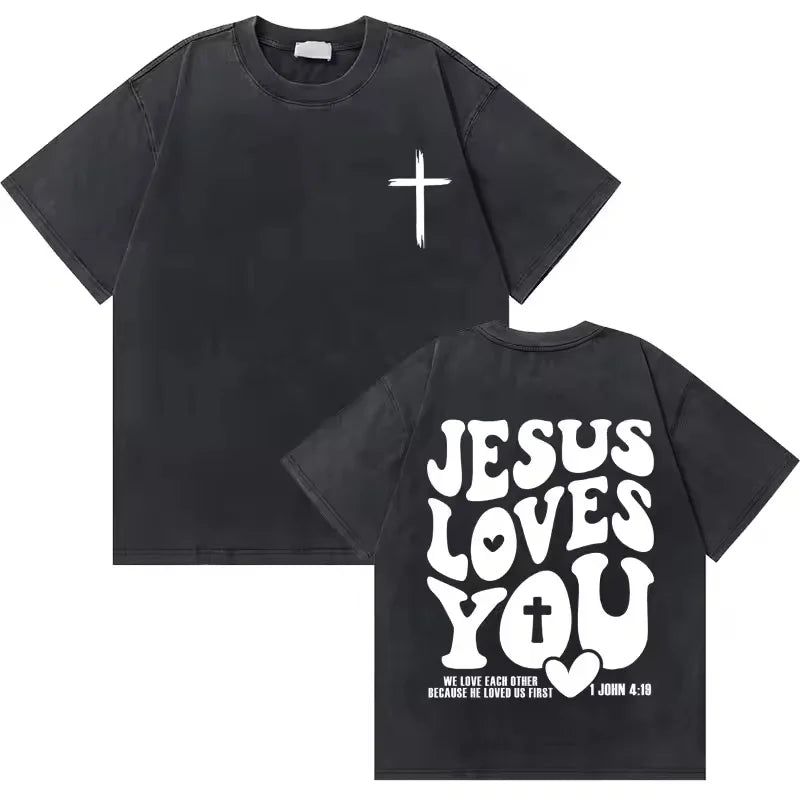 Washed Vintage Christian Jesus Good News God Loves You Bible Verse Graphic T Shirts For Men Women Casual Oversized Tee