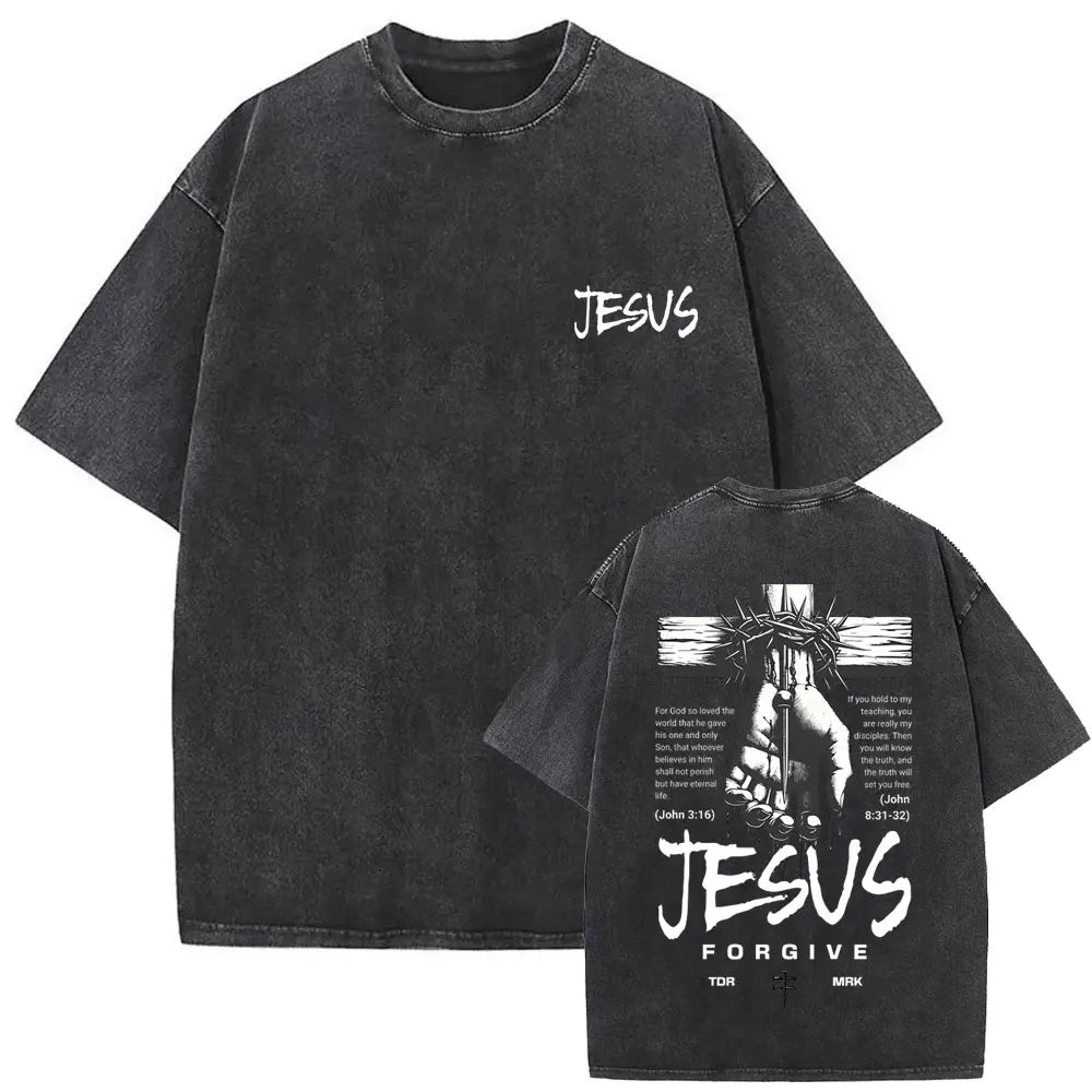 Christian Jesus Faith Over Fear Bible Verse Washed T Shirt Men Women Vintage Oversized Harajuku Cotton T Shirt