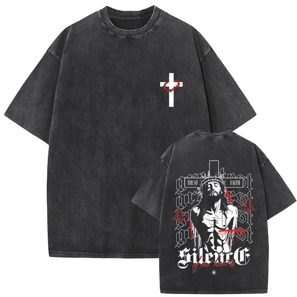 Christian Jesus Faith Over Fear Bible Verse Washed T Shirt Men Women Vintage Oversized Harajuku Cotton T Shirt