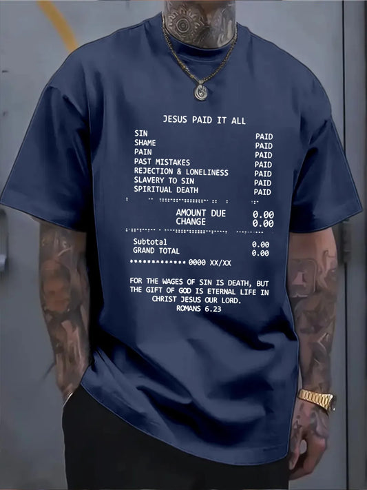 Men 100 Percent Cotton T Shirt Summer Jesus Paid It All Print Casual Slim Fit Round Neck Short Sleeve Top
