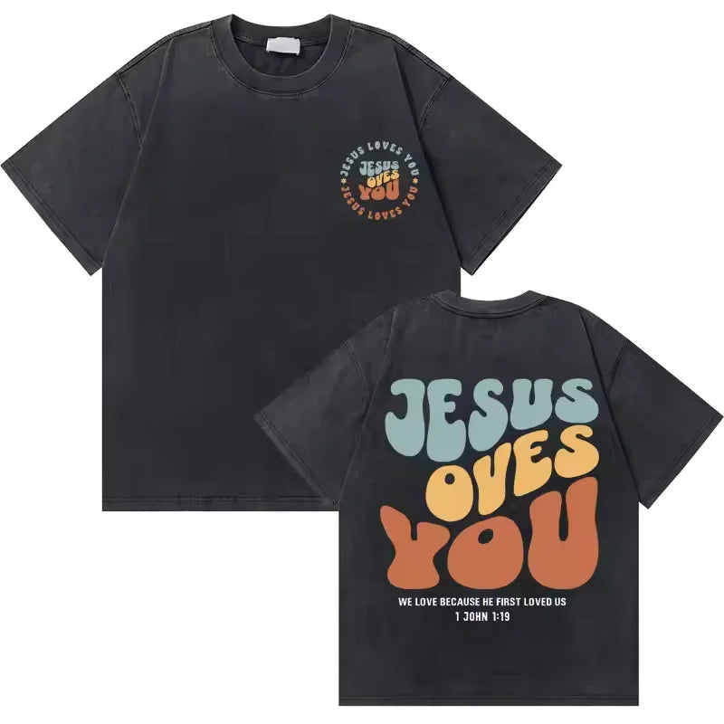 Washed Vintage Christian Jesus Good News God Loves You Bible Verse Graphic T Shirts For Men Women Casual Oversized Tee