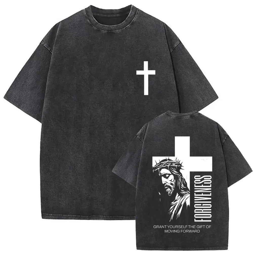 Christian Jesus Faith Over Fear Bible Verse Washed T Shirt Men Women Vintage Oversized Harajuku Cotton T Shirt