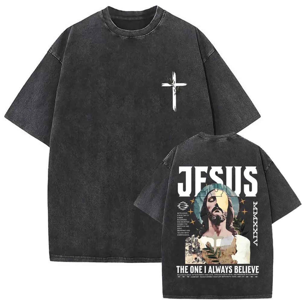 Christian Jesus Faith Over Fear Bible Verse Washed T Shirt Men Women Vintage Oversized Harajuku Cotton T Shirt