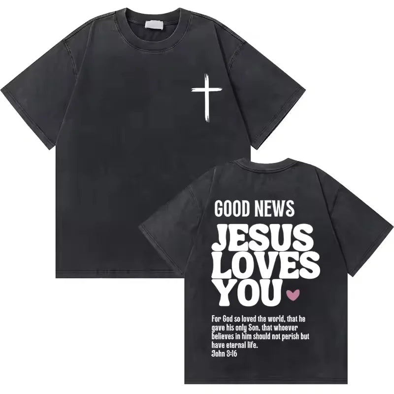 Washed Vintage Christian Jesus Good News God Loves You Bible Verse Graphic T Shirts For Men Women Casual Oversized Tee
