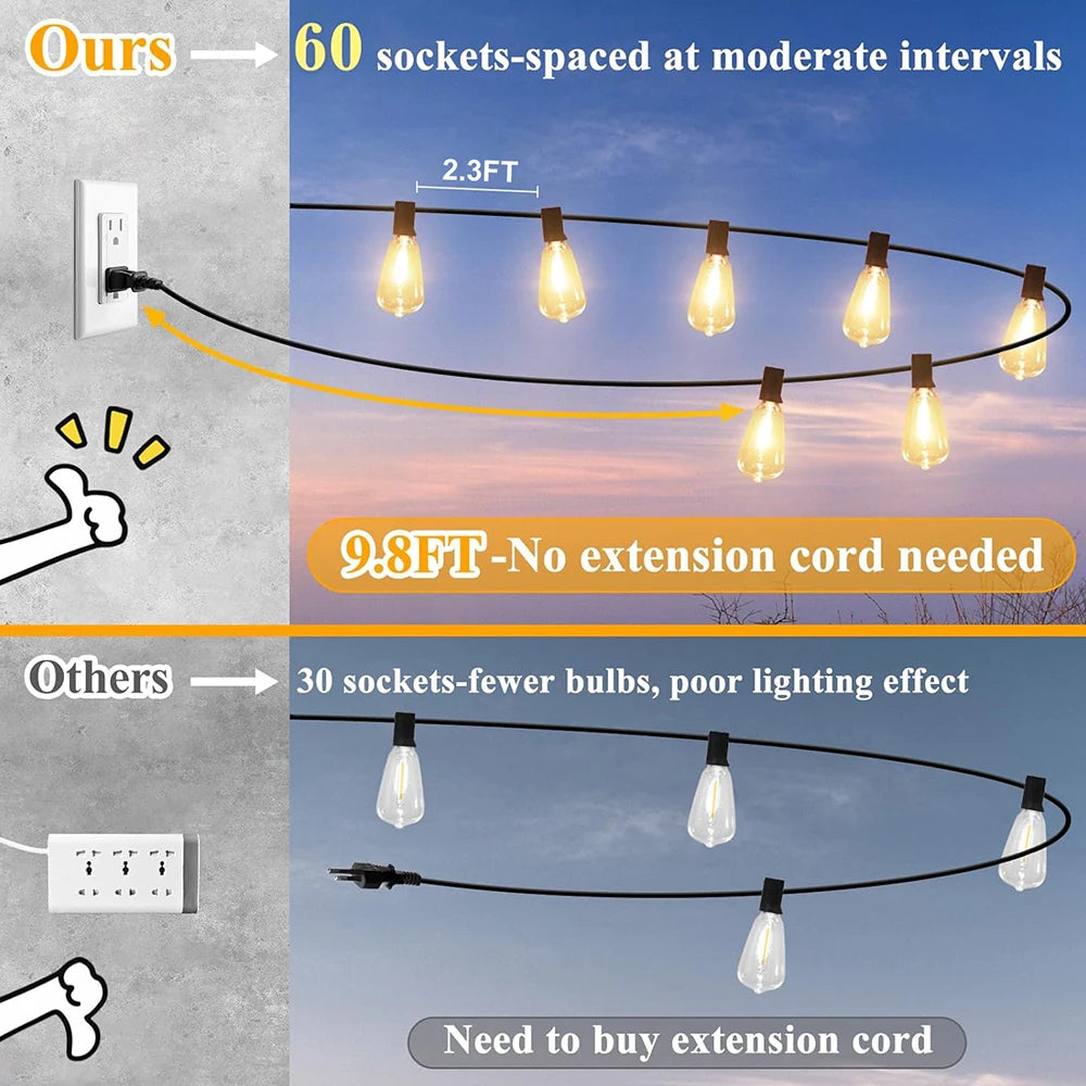 LED Outdoor String Lights Waterproof Patio Weatherproof Dimmable