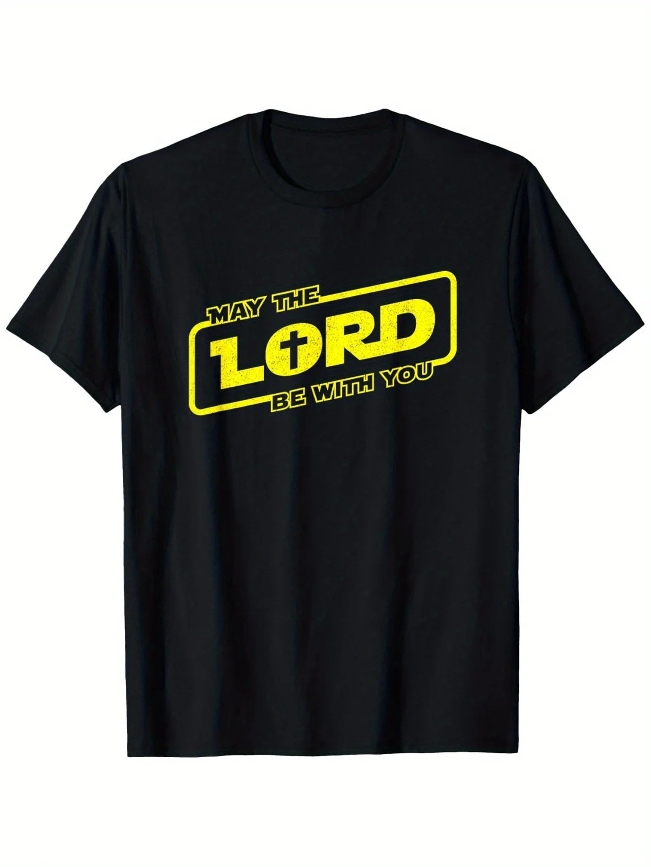 May The Lord Be With You Christian Faith T Shirt Pure Cotton Unisex Black Yellow Print Casual Outdoor Wear Round Neck