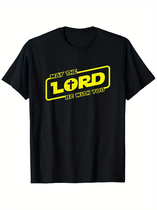 May The Lord Be With You Christian Faith T Shirt Pure Cotton Unisex Black Yellow Print Casual Outdoor Wear Round Neck