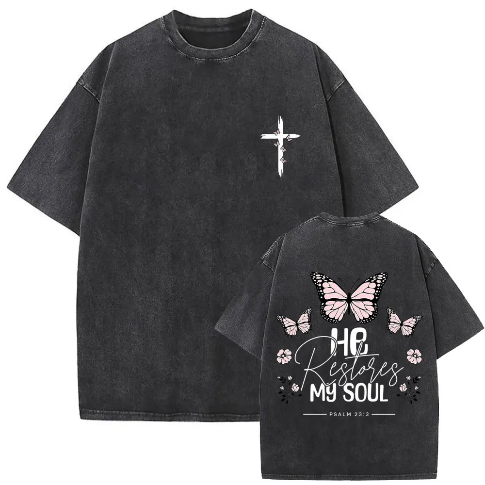 Christian Jesus Faith Over Fear Bible Verse Washed T Shirt Men Women Vintage Oversized Harajuku Cotton T Shirt