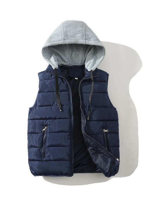 Stylish Men's Hooded Vest Solid Color Warm Thick Casual for Autumn and Winter