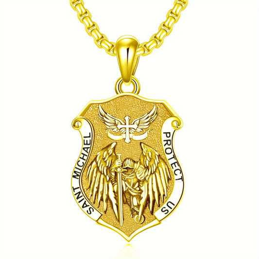 In His Divine Power Golden Plated Shield Necklace Pendant