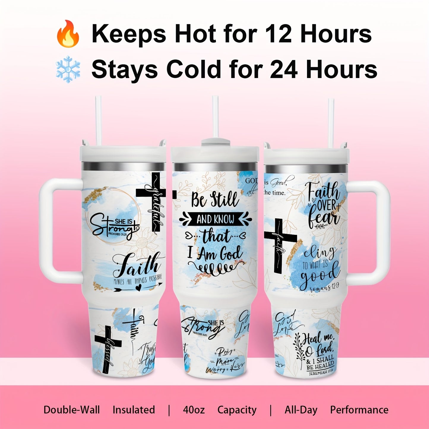 Mikenda Faith And Strength Stainless Steel Tumbler With Handle