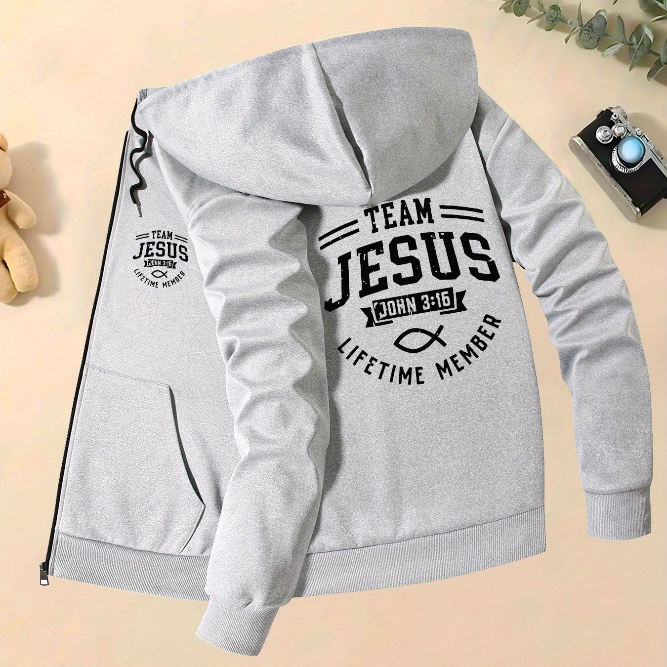 Mens Casual Hooded Polyester Jacket With Jesus Print