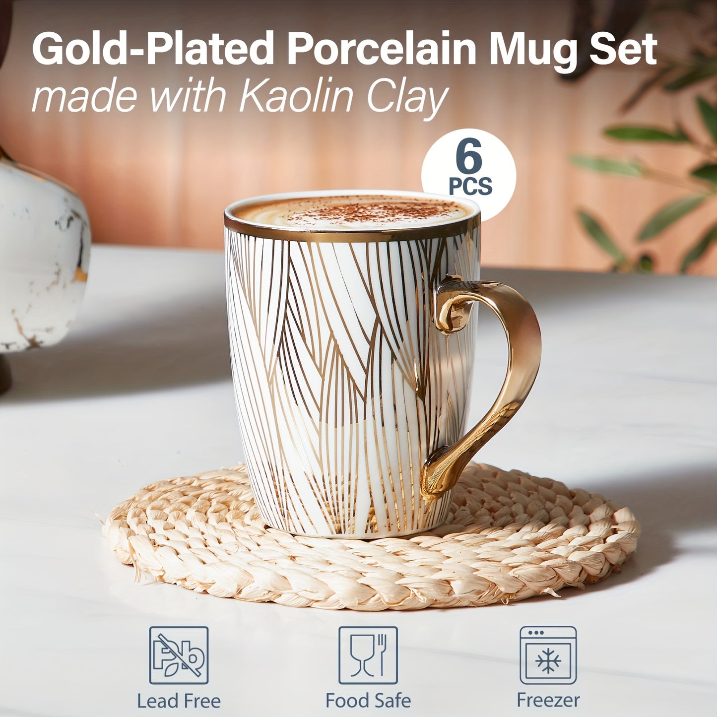 18oz Plating Coffee Mug, Set Of 6, Microwave Safe Ceramic Cups, Dishwasher/Oven Safe - Golden-plated Edge
